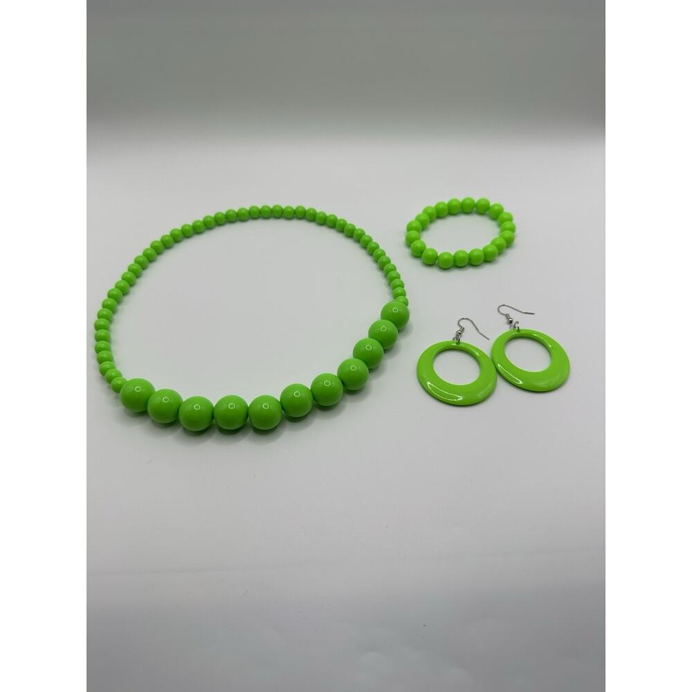 Jewelry Set Of Neon Green Stretch Beaded Necklace, Bracelet, & Hoop Earrings - Picture 8 of 8